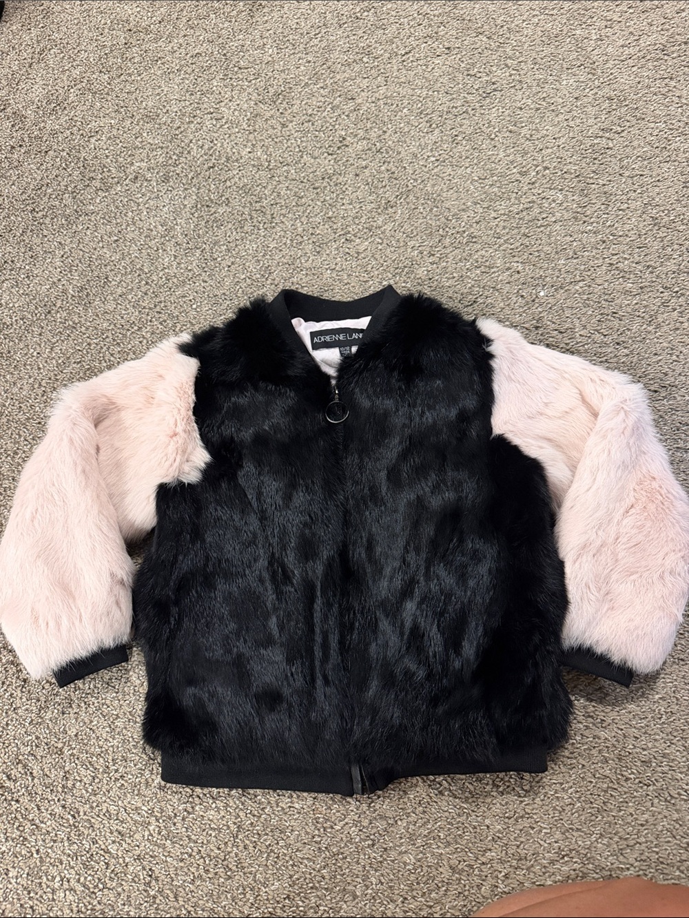 Adrienne Landau Black Body with Pale Pink Faux Fur Bomber Jacket